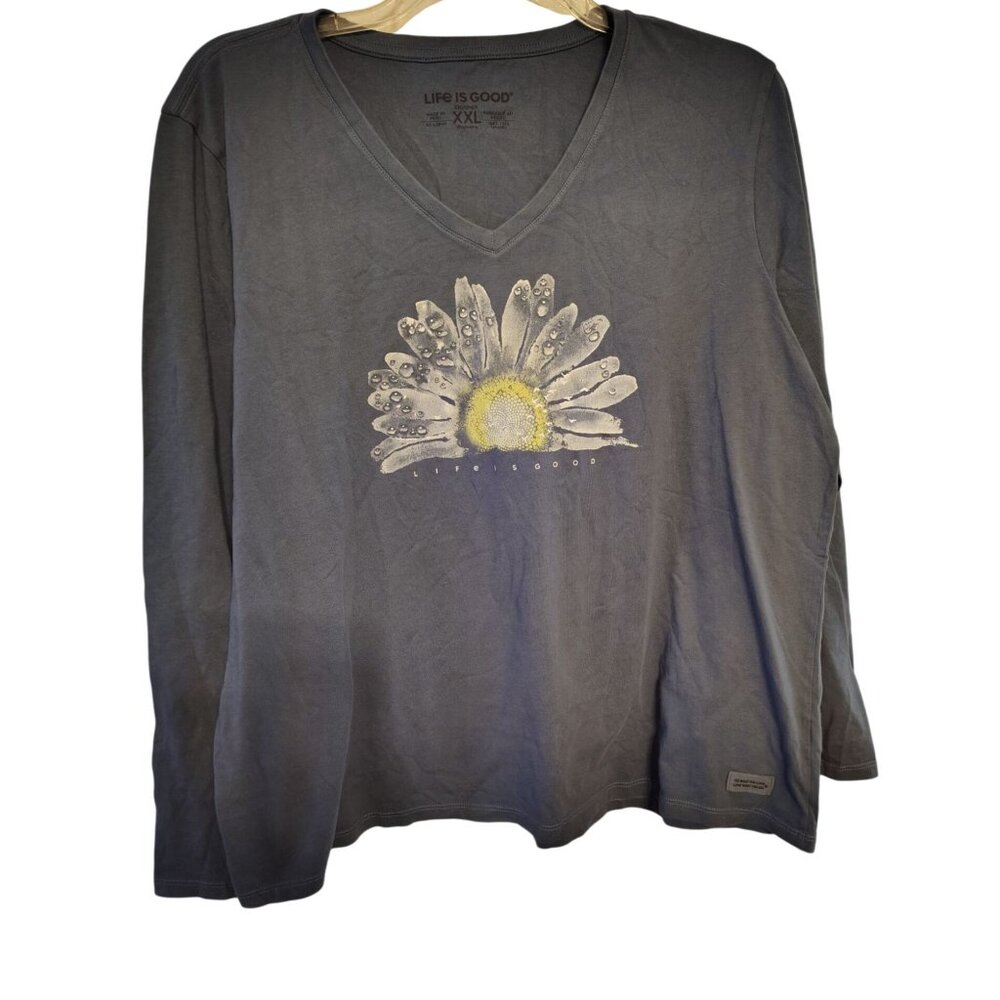 Life is Good XXL Daisy Flower V-Neck Long Sleeve Tee, Blue Gray Water Droplets